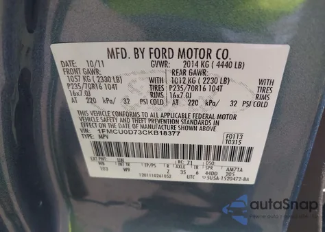 2012 Ford Escape Xlt from USA, damaged, VIN 1FMCU0D73CKB18377